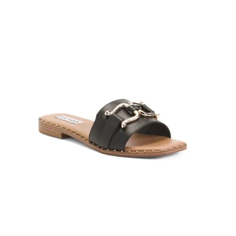 STEVE MADDEN Black Slide Sandals with Gold Buckle